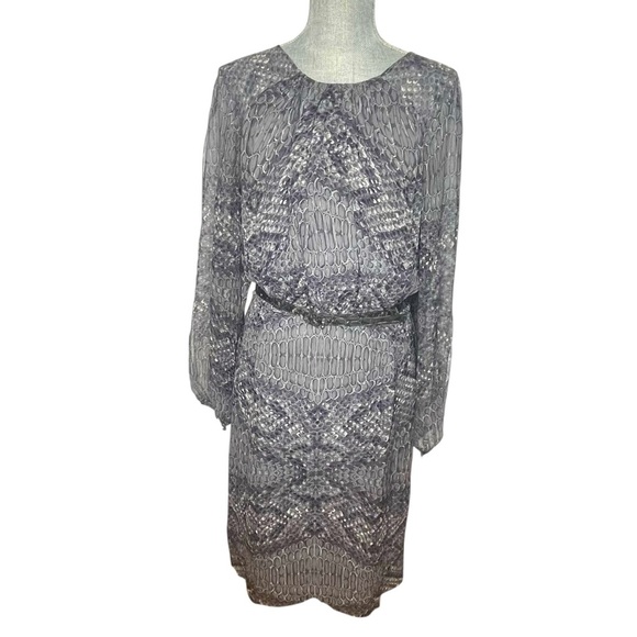 David Meister Silk Long Sleeve Knee Length Midi Dress Gray Snake Womens Size 12 - Picture 1 of 9